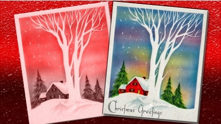 Vintage Christmas Greeting - House in Snow, Snow, Red, Pine Trees, Colorful Sky, Christmas Greetings, Evergreen Trees, Christmas