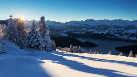 Lake Lucerne, Central Switzerland - mountains, snow, landscape, trees, sky, alps