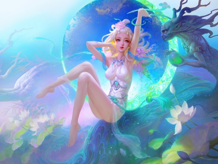 White lotus - art k, artk, blue, cute, fantasy, flower, frumusete, girl, gorgeous, green, luminos, luna, minos, moon, superb, white lotus, xiaok