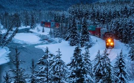 Train at Lake Louise. Banff NP, Alberta - locomotive, trees, canada, railroad, snow