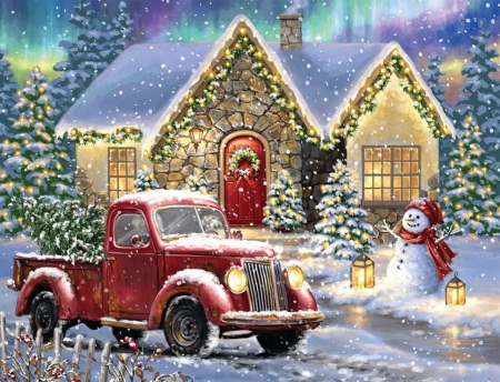 The Cottage at The End of The Lane - christmas, snow, lights, red, cottage, tree, truck, snowman, lantern, wreath