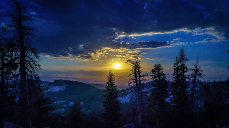 Bad Moon Rising at Walling Lake. Kaiser Ridge Wilderness, Sierra Nevada, California - usa, clouds, trees, landscape, snow, sky