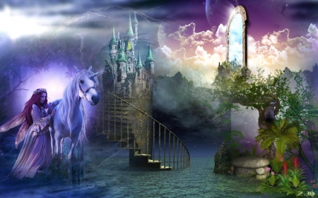 Unicorn with girl - fairy, unicorn, horse, fantasy