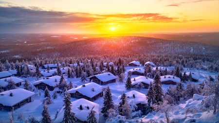 Winter morning - winter, beautiful, snow, morning, glow, village, countryside, view, peaceful, houses, sunsrise, sky