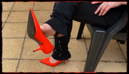 Orange stiletto heels - dangling, feet, heels, high heels, leg warmers, orange, shoes, stilettos, woman