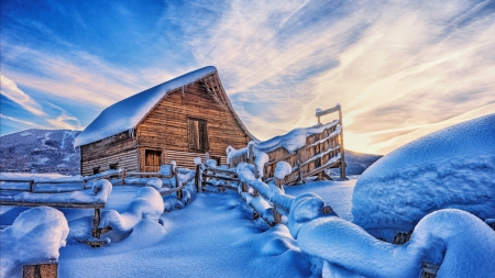 Old Cabin in Winter Mountains - clouds, house, wooden, landscape, snow, fence, sky