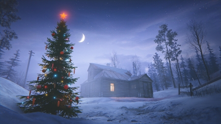 Christmas-Cabin - winter, Cabin, Christmas, tree