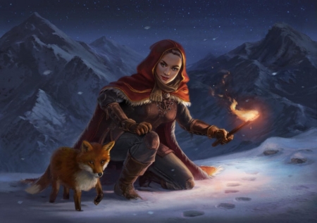 Winter friendship - fantasy, winter, fox, digital art, cute, art, wallpaper, animals