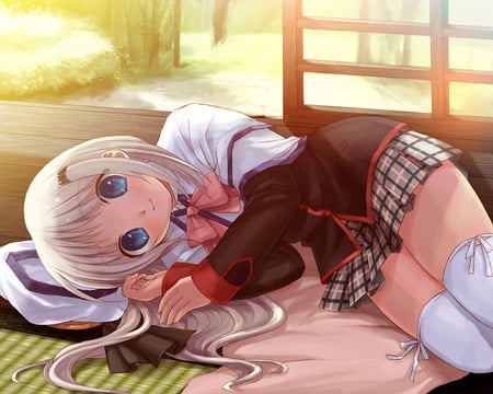 Noumi Kudryavka - little busters, sexy, thighhihgs, girl, blue eyes, long hair, noumi kudryavka, seifuku, anime, kimishima ao, cute, gray hair