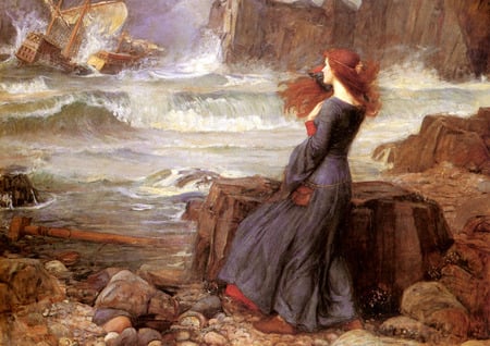 Miranda - painting, art, shakespeare, pre-raphelite, sea, rocks, miranda