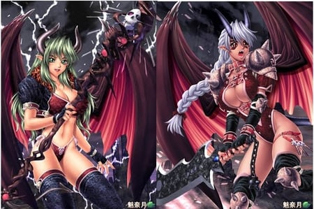 Devilish Duo - staff, sword, winged, women, skull, demons, armored, female, horns