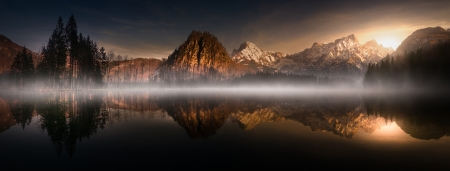 Morning Fog - lake, morning, fog, mountain