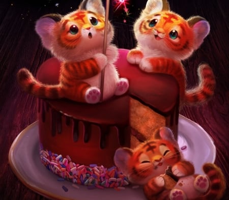 Happy New Year! - piper thibodeau, orange, tiger, year, animal, new year, cute, tigru, art, fireworks, cake