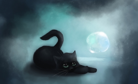 Black kitten playing with soap bubbles - bubble, black, fantasy, blue, pisici, vanillakeyblade, art, cat