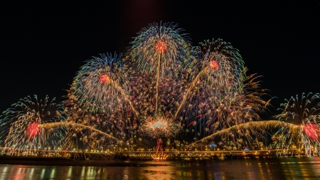 Fireworks - night, fireworks, water, photography