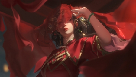 Dancer - frumusete, art, dancer, fantasy, red, veil, girl, princess