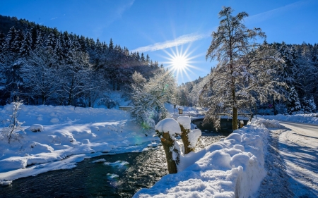 Winter Sunshine - river, trees, road, landscape, snow, sky, bridge