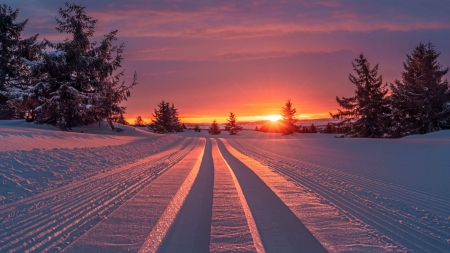 Winter in Norway - snow, colors, clouds, landscape, trees, road, sky, sunset, scandinavia