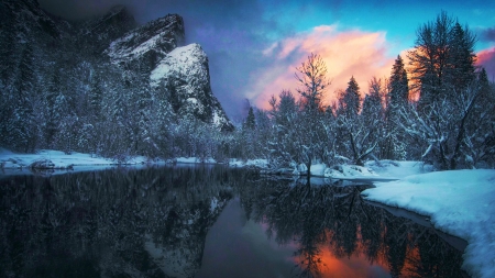 Merced River, Yosemite Valley - winter, california, snow, trees, landscape, clouds, usa, sunrise