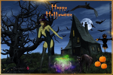 Halloween - halloween, hexe, kessel, nacht, spukhaus