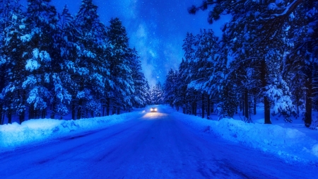 Forest Road in Quebec - clouds, trees, winter, blue, snow, canada, car, hour, sky