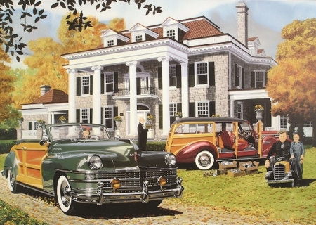 a new home - house, cars, chrysler, retro