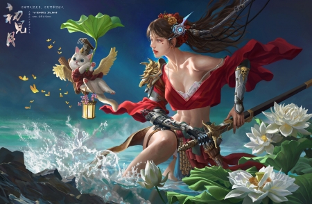 Fantasy girl - blue, cat, chen yingjun, cupid, cute, fantasy, frumusete, girl, gorgeous, lantern, lotus, luminos, pisici, red, summer, superb, sword, vara, warrior, water