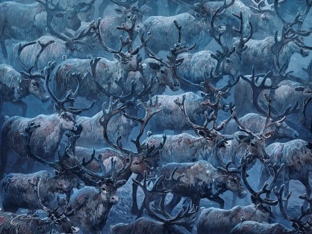 Reindeers - artem chebokha, fantasy, blue, reindeer, art