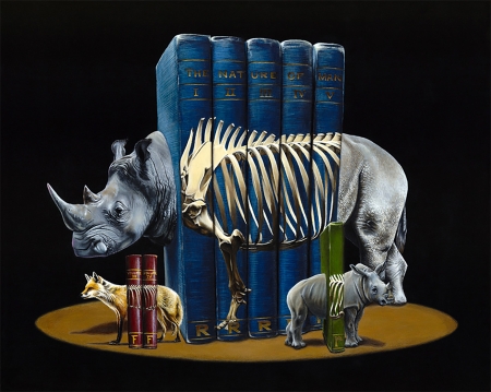 :) - vulpe, blue, jacb gagnon, fox, book, pictura, painting, surreal, rhino, art