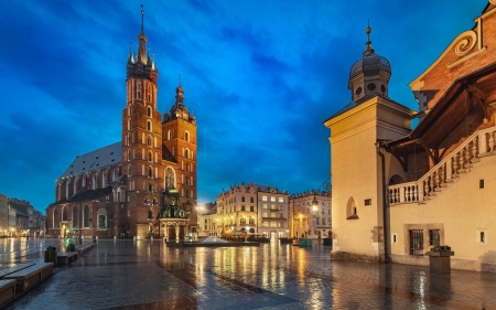 Basilica in Krakow, Poland - dusk, church, Krakow, Poland