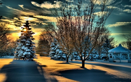 Winter in a park - sky, sunset, gazebo, clouds, colors, trees