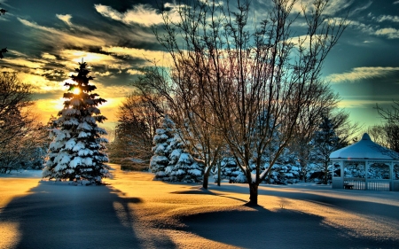 Winter in a park - clouds, trees, sunset, gazebo, colors, sky