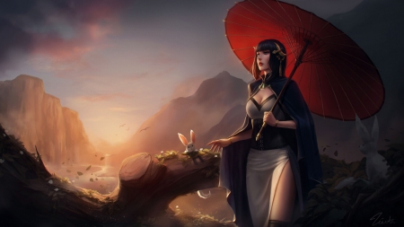 Sunset - parasol, girl, sunset, frumusete, art, gorgeous, dark, superb, fantasy, red, keith chen, luminos