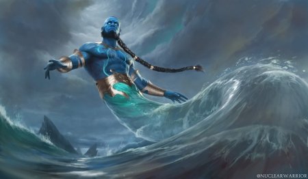 Tempest Djinn - blue, sea, art, fantasy, djinn, man, water, tempest, ari targownik