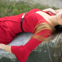 Blonde in a Red Mini Dress