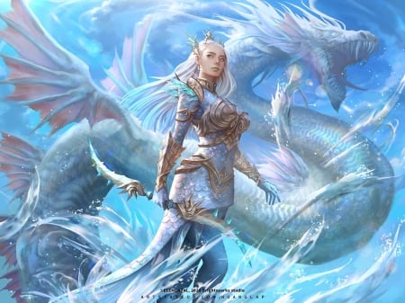 Fantasy girl - fantasy, dragon, blue, hoanglapsolan, girl, hoang lap solan