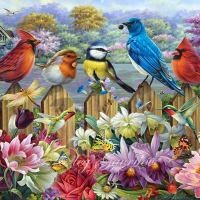 Birds in a blooming garden