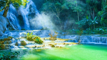 Kuang Si Waterfall, Luang Prabang, Laos - trees, cascades, river, rocks