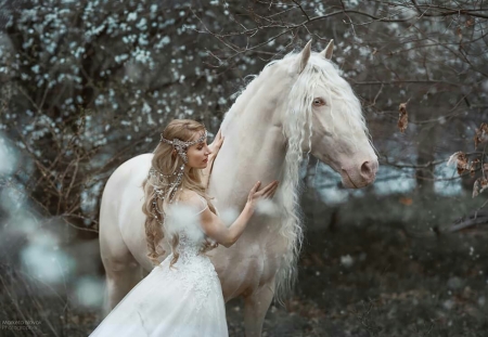 Princess and white horse - hirse, cal, bride, princess, dress, animal, horse, white, model, girl, woman, marketa novak