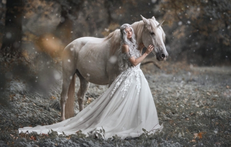 Princess and unicorn - unicorn, girl, cal, princess, dress, animal, white, horse, model, woman, marketa novak