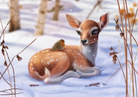 Fawn - bird, winter, fawn, caprioara, pasari, fantasy, charlotte lebreton, deer, iarna, art