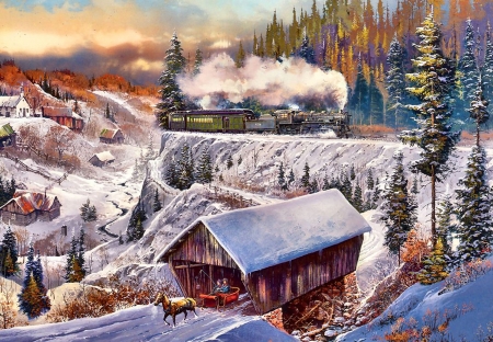 winterlandscape - house, landscape, railroad, winter