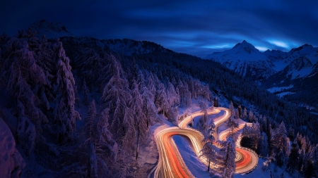 Switchbacks - landscape, light, mountains, night, road, snow, winter