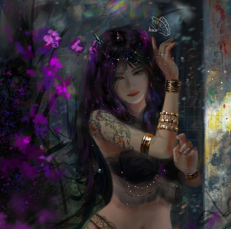 Dancer - purple, black, 2060psd11, art, dancer, fantasy, girl, dark, jewel