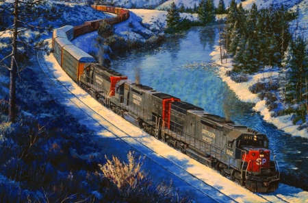 winter on the river - river, winter, snow, railroad