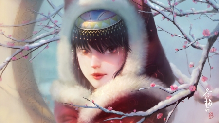 Red Riding Hood - winter, blossom, seaway liu, girl, spring, flower, frumusete, fantasy, primavara, red, plum, red riding hood, iarna, face, art, luminos