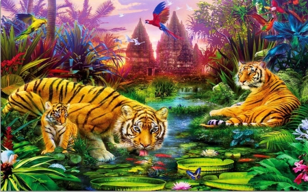 Tigers - bird, cub, water, tiger, parrot, pictura, painting, jungle, tigru, art