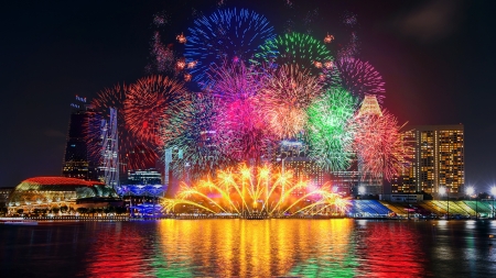 Fireworks over Beijing - water, fireworks, night photography, beijing