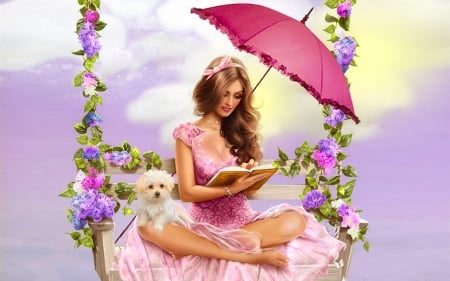 Girl Swing - pretty, girl, pink, swing, flowers, fantasy, lamamake, digital, woman, art, wallpaper