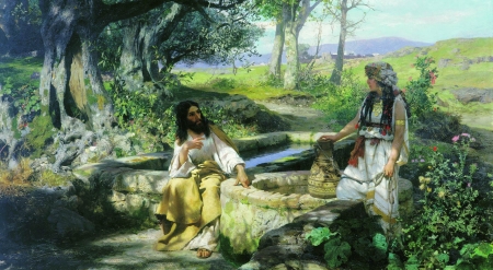 Jesus Christ and the Samaritan woman - pictura, woman, painting, samaritan, jesus christ, man, art